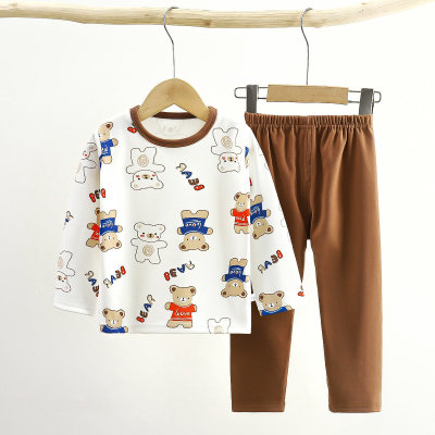 2-piece Toddler Boy Modal Bear and Letter Printed Long Sleeve Top & Solid Color Pants