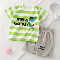 2-piece Toddler Boy Pure Cotton Striped Letter and Crocodile Printed Short Sleeve T-shirt & Matching Shorts  Green