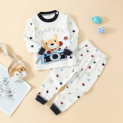 Camiseta de manga larga con estampado de oso y letras de 100 % algodón para niños pequeños de 2 piezas y pantalones con estrellas