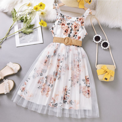 2-piece Kid Girl Allover Floral Printed Mesh Patchwork Sleeveless A-line Dress & Solid Color Belt