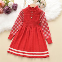 Kid Girl Ruffled Collar Knitted Dress with Houndstooth Sleeves  Red