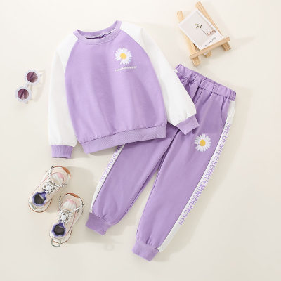 2-piece Kid Girl Color-block Floral Pattern Sweatshirt & Matching Pants