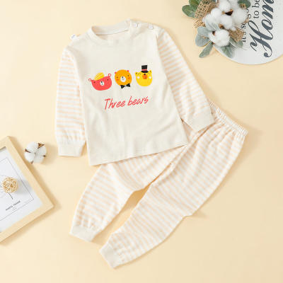 2-piece Pajama Set Toddler Girl 100% Cotton Cartoon Bear and Letter Printed Striped Patchwork Long Sleeve Top & Striped Pants