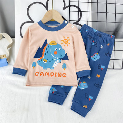 2-piece Toddler Boy 100% Cotton Color-block Dinosaur and Letter Printed Long Sleeve Top & Allover Dinosaur Printed Pants