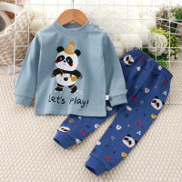 2-piece Toddler Boy Pure Cotton Cartton Animal Pattern Top & Matching Pants  Blue