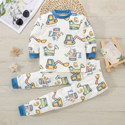 Camiseta de manga larga con patrón de vehículo de dibujos animados de algodón puro para niño pequeño de 2 piezas y pantalones a juego