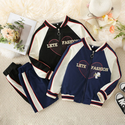 Kid Girl Color-block Letter and Heart Pattern Zip-up Baseball Jacket