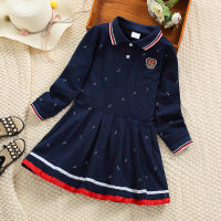 Kid Stripes Bear Printed Polo Collar Long Sleeve Pleated Skirt  Navy Blue