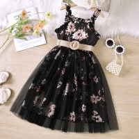 2-piece Kid Girl Allover Floral Printed Mesh Patchwork Sleeveless A-line Dress & Solid Color Belt  Black