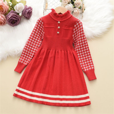 Kid Girl Ruffled Collar Knitted Dress with Houndstooth Sleeves