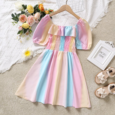 Kids Girls Summer Sweet Rainbow Puff Sleeves A-line skirt  Dress