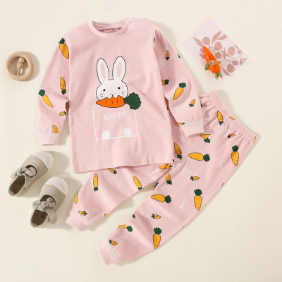 Camiseta de manga larga con estampado de zanahorias y conejos 100% algodón para niñas pequeñas de 2 piezas y pantalones estampados de zanahorias por toda la prenda