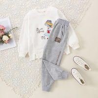 2-piece Kid Girl Pure Cotton Letter and Girl Printed Sweatshirt & Solid Color Pants  White
