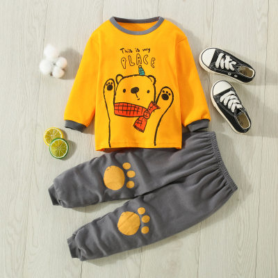 Conjunto de pijama de 2 piezas con top de manga larga y pantalones a juego con estampado de letras y osos de algodón puro para niños pequeños