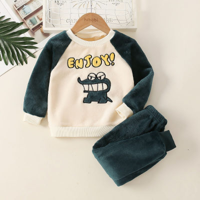 2-piece Toddler Boy Flannel Color-block Dinosaur and Letter Pattern Fleece-lined Raglan Sleeve Top & Matching Pants