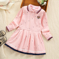 Kid Stripes Bear Printed Polo Collar Long Sleeve Pleated Skirt  Pink