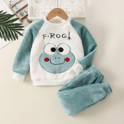 2-piece Toddler Boy Flannel Color-block Frog and Letter Pattern Fleece-lined Raglan Sleeve Top & Matching Pants