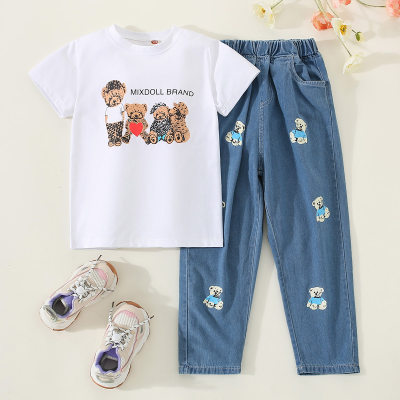 2-piece Kid Girl Letter and Bear Printed Short Sleeve T-shirt & Allover Bear Pattern Denim Pants