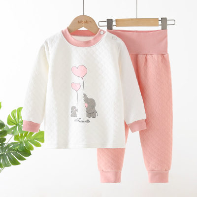 2-piece Toddler Girl Pure Cotton Elephant and Heart Pattern Long Sleeve Top & Solid Color Pants Pajama Set