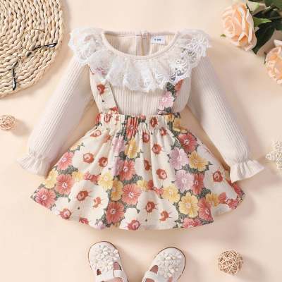 Baby Lace Round Neck Solid Color T-shirt & Floral Overalls Dress