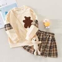 Kid Girl Bear Embroidered Sweater & Plaid Pleated Skirt With Bear Doll  Light Brown