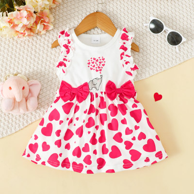 Baby Girl Allover Heart Printed Bowknot Decor Sleeveless Dress