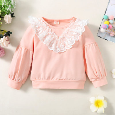 Toddler Solid Color Lace Long Sleeve Pullover Sweater