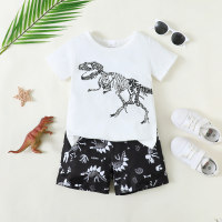 T-shirt a maniche corte con stampa di dinosauro da bambino in 2 pezzi e pantaloncini con stampa all-over  bianca
