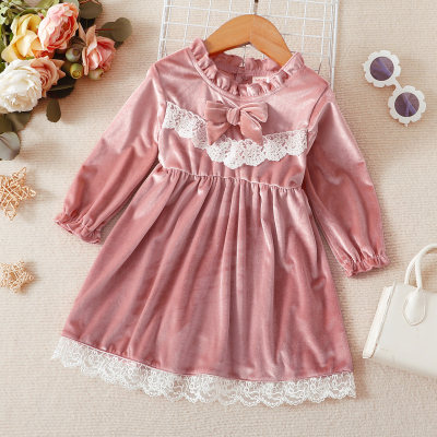 Toddler Color-block Bowknot Decor Lace Ruffled Sleeve Dress