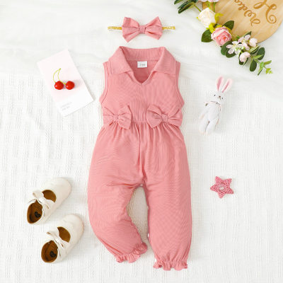 2-piece Baby Girl Solid Color Bowknot Decor Sleeveless Romper & Bowknot Headwrap