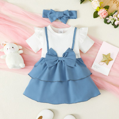2-piece Baby Girl 2 in 1 Color-block Patchwork Bowknot Decor Short Fly Sleeve Dress & Headwrap