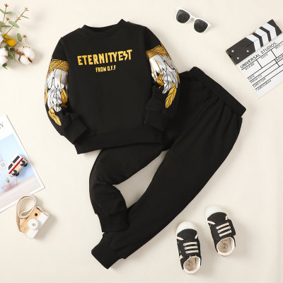 2 piece Kid Boy Letter And Wing Printed Sweatshirt And Solid Color Pants