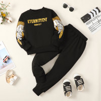 2 piece Kid Boy Letter And Wing Printed Sweatshirt And Solid Color Pants  Black