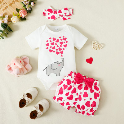 Baby and Child Cute Elephant Heart Bow Short-sleeved Romper Suit (with Headband)