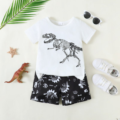 Camiseta de manga corta con estampado de dinosaurio para niños pequeños de 2 piezas y pantalones cortos con estampado completo
