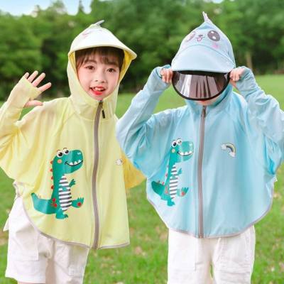 Jiaoxia roupas de proteção solar infantil verão dinossauro capa fina com capuz roupas de proteção solar ao ar livre meninas gelo seda anti-ultravioleta