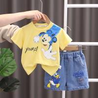 Ropa para niños, camiseta de manga corta a rayas con oso, ropa japonesa de moda de estilo coreano, verano 2023  Amarillo