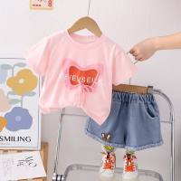 Girls summer short-sleeved suit baby 2024 new style denim short-sleeved thin children's suit handsome two-piece suit  Pink
