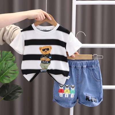 2023 children's clothing summer boys short-sleeved striped bear t-shirt Korean style trendy Japanese children's clothing