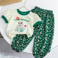 Camiseta de dibujos animados para niñas, lindo bebé, pantalones antimosquitos florales, traje informal  Verde