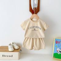2024 summer new arrivals 1-8 years old Korean version children's clothing letter short-sleeved T-shirt shorts thin two-piece suit for boys and girls  Apricot