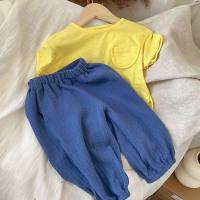 Pantalones antimosquitos versátiles con protección solar de verano de color sólido retro para niños de algodón de burbujas pantalones de playa transpirables de cintura media alta de verano para niños y niñas  Azul