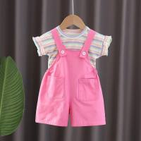 A drop-shipping girl's sweet striped top short-sleeved T-shirt children's clothing children's summer solid color suspender shorts suit  Pink