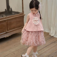New Chinese style fashion girls summer new retro Hanfu two-piece suit princess style national style mesh suspender skirt female baby  Pink