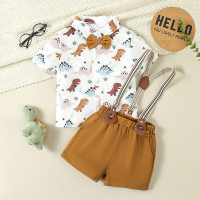 Boys summer suit new style baby dinosaur pattern short-sleeved shirt overalls two-piece gentleman dress  Coffee