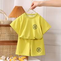 Children's men's and women's summer short-sleeved suits waffle medium and large children's casual two-piece suits for boys and girls  Yellow