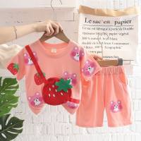 Summer baby short-sleeved suit for boys and girls, round neck printed strawberry carrier, two-piece short-sleeved suit  Pink