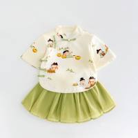 Girls summer new two-piece suit children's Chinese style Hanfu little girl summer suit baby new Chinese Tang suit  Green
