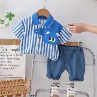 Infantil e bebê bonito camiseta verão novo estilo camisa roupas infantis menino lapela listrado de manga curta camisa casual terno  Azul
