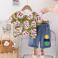 Children's clothing summer new boys short-sleeved denim shorts two-piece suit handsome cartoon smiley face suit  Green